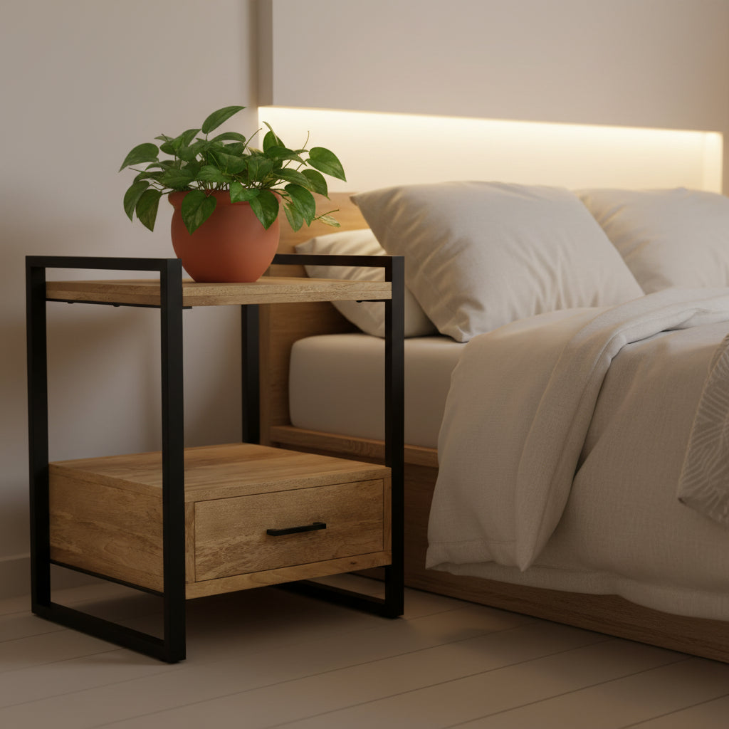 Lawson SOLID MANGO WOOD 22 inch Wide Modern Industrial Bedside Table in Natural