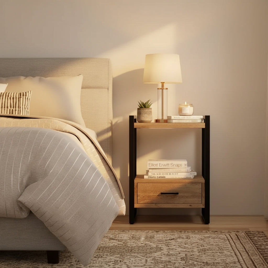 Lawson Comodino moderno industriale in LEGNO DI MANGO MASSICCIO largo 56 cm, naturale