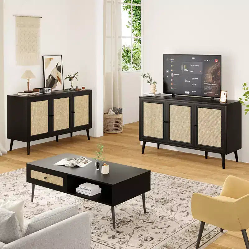 JVNOXK Sideboard Buffet Cabinet with 3 Rattan Doors,Modern Kitchen Storage Console Cabinet for Entryway Living Room (Small,Black)