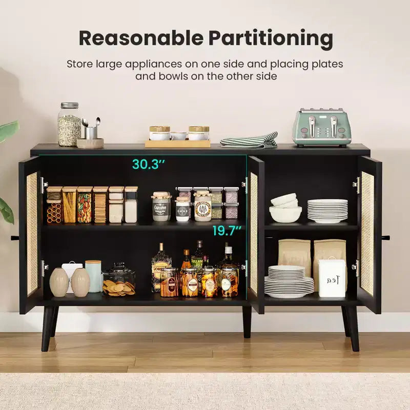 Credenza Buffet con 3 Ante in Rattan, Mobile Contenitore Moderno per Cucina, Ingresso, Soggiorno (Piccolo, Nero)