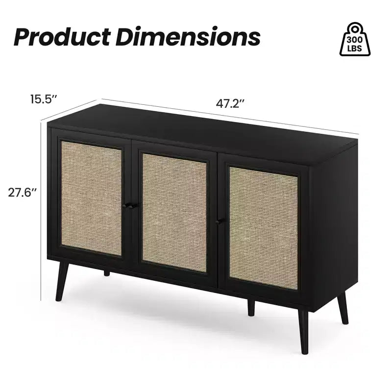 Credenza Buffet con 3 Ante in Rattan, Mobile Contenitore Moderno per Cucina, Ingresso, Soggiorno (Piccolo, Nero)