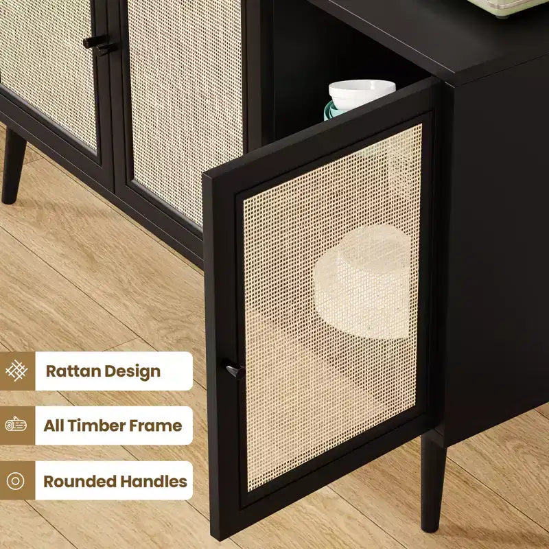 Credenza Buffet con 3 Ante in Rattan, Mobile Contenitore Moderno per Cucina, Ingresso, Soggiorno (Piccolo, Nero)
