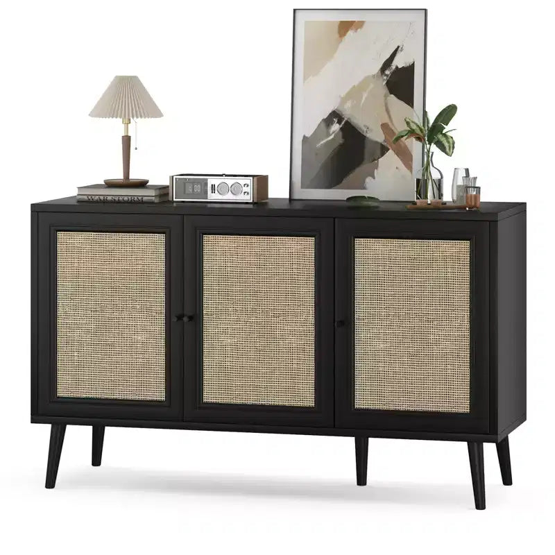 Credenza Buffet con 3 Ante in Rattan, Mobile Contenitore Moderno per Cucina, Ingresso, Soggiorno (Piccolo, Nero)