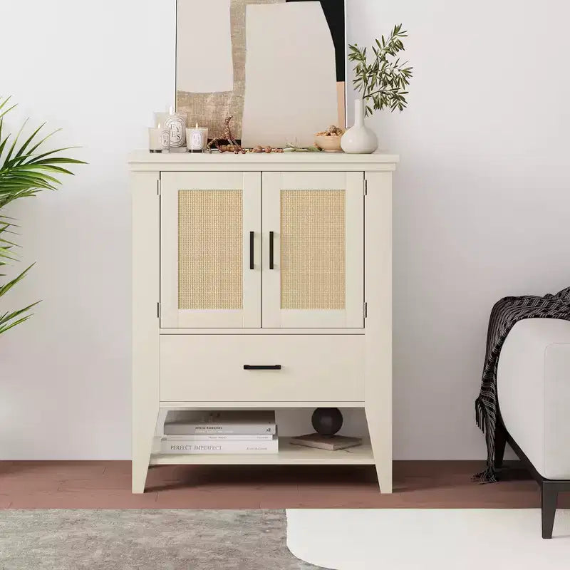 Credenza in Rattan con Cassetti, Mobile Contenitore Buffet, Mobile Bar Bianco, Mobile Accento, Credenza da Cucina, Consolle per Ingresso, Soggiorno