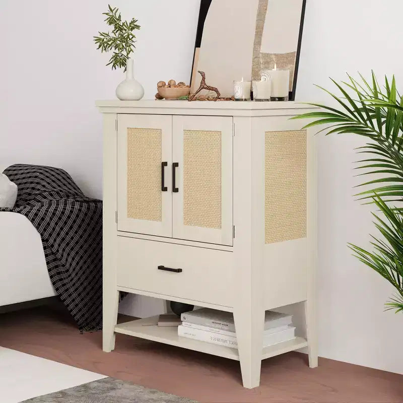 Credenza in Rattan con Cassetti, Mobile Contenitore Buffet, Mobile Bar Bianco, Mobile Accento, Credenza da Cucina, Consolle per Ingresso, Soggiorno