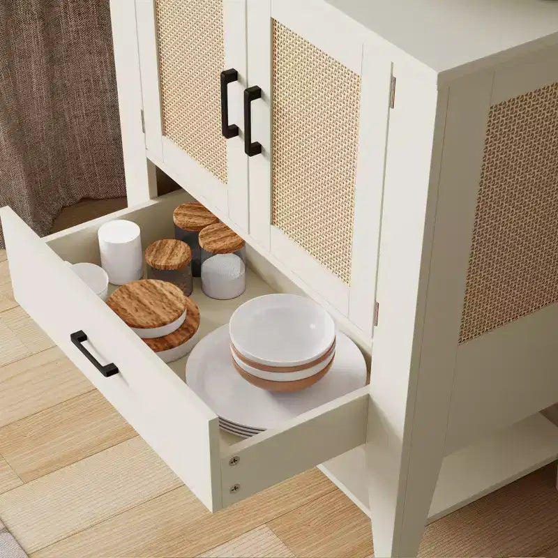Credenza in Rattan con Cassetti, Mobile Contenitore Buffet, Mobile Bar Bianco, Mobile Accento, Credenza da Cucina, Consolle per Ingresso, Soggiorno