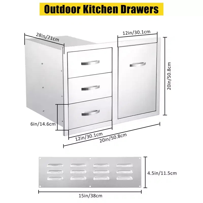 Armadietto da Esterno a 3 Cassetti in Acciaio Inox - Unità ad Incasso Impermeabile con Accesso BBQ e Cassetti per la Spazzatura