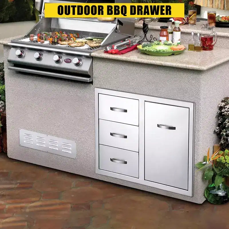 Armadietto da Esterno a 3 Cassetti in Acciaio Inox - Unità ad Incasso Impermeabile con Accesso BBQ e Cassetti per la Spazzatura