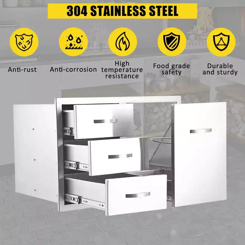 Armadietto da Esterno a 3 Cassetti in Acciaio Inox - Unità ad Incasso Impermeabile con Accesso BBQ e Cassetti per la Spazzatura