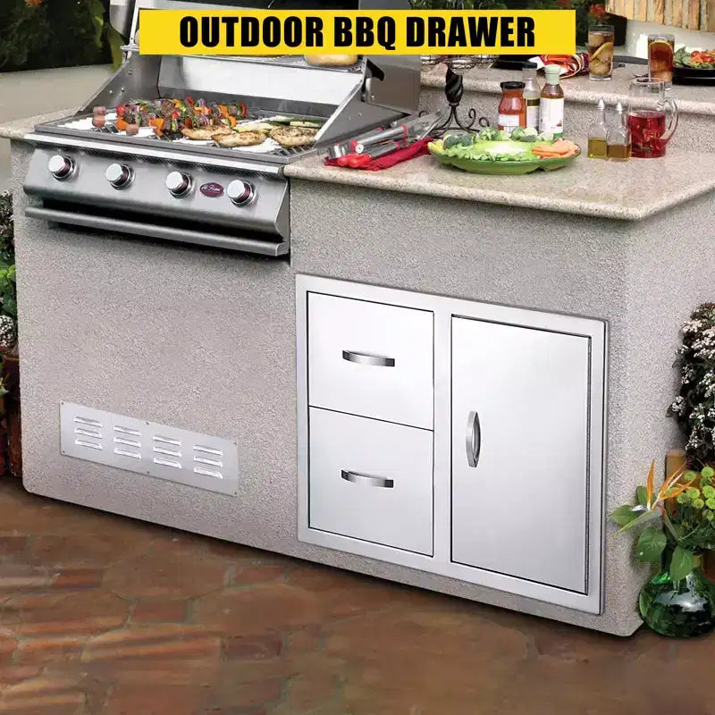 Armadietto da Esterno a 3 Cassetti in Acciaio Inox - Unità ad Incasso Impermeabile con Accesso BBQ e Cassetti per la Spazzatura