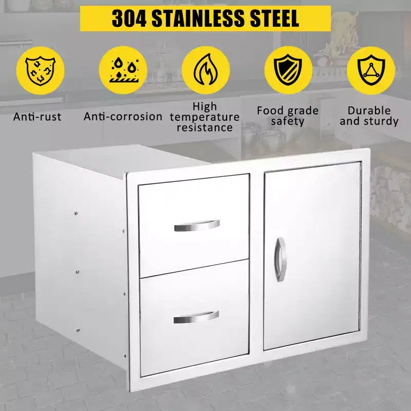 Armadietto da Esterno a 3 Cassetti in Acciaio Inox - Unità ad Incasso Impermeabile con Accesso BBQ e Cassetti per la Spazzatura