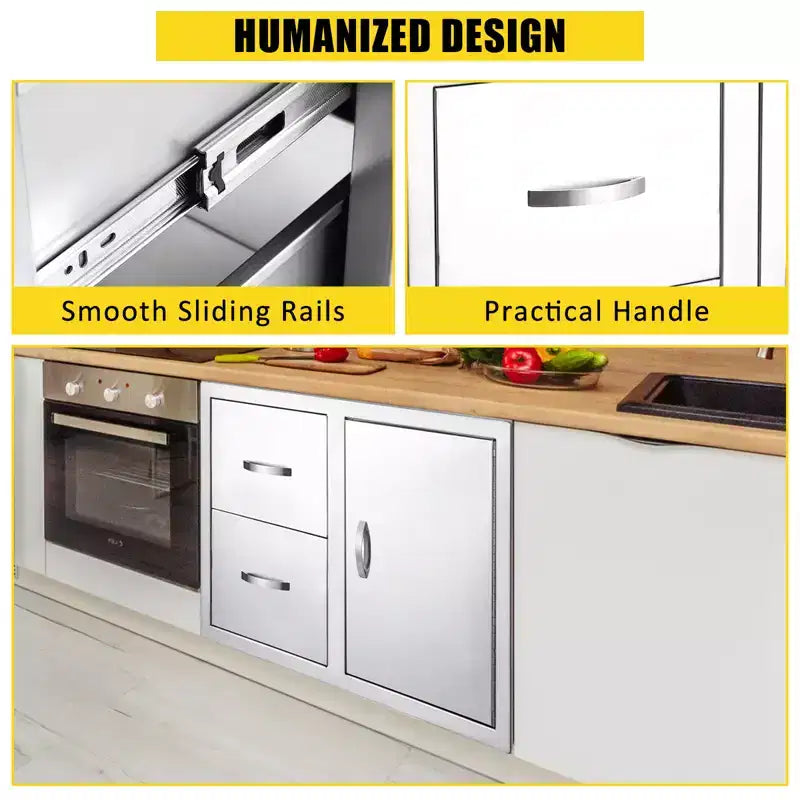 Armadietto da Esterno a 3 Cassetti in Acciaio Inox - Unità ad Incasso Impermeabile con Accesso BBQ e Cassetti per la Spazzatura