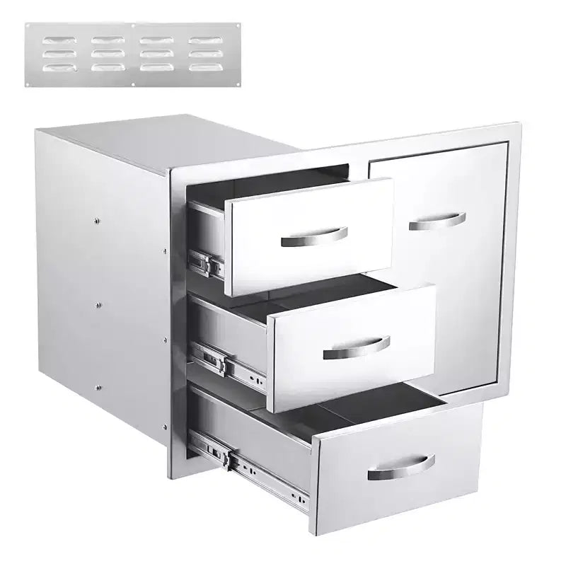 Armadietto da Esterno a 3 Cassetti in Acciaio Inox - Unità ad Incasso Impermeabile con Accesso BBQ e Cassetti per la Spazzatura