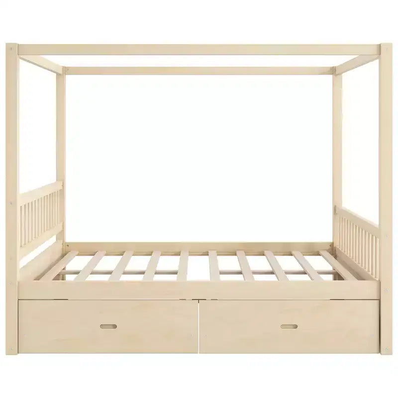 Letto a piattaforma moderno con struttura in legno e baldacchino, con 2 cassetti portaoggetti