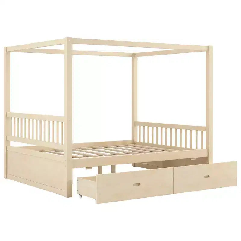 Letto a piattaforma moderno con struttura in legno e baldacchino, con 2 cassetti portaoggetti
