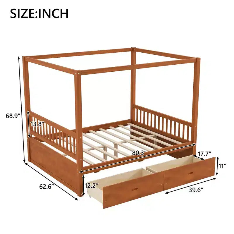 Letto a piattaforma moderno con struttura in legno e baldacchino, con 2 cassetti portaoggetti