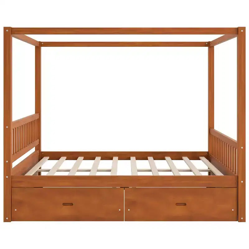 Letto a piattaforma moderno con struttura in legno e baldacchino, con 2 cassetti portaoggetti