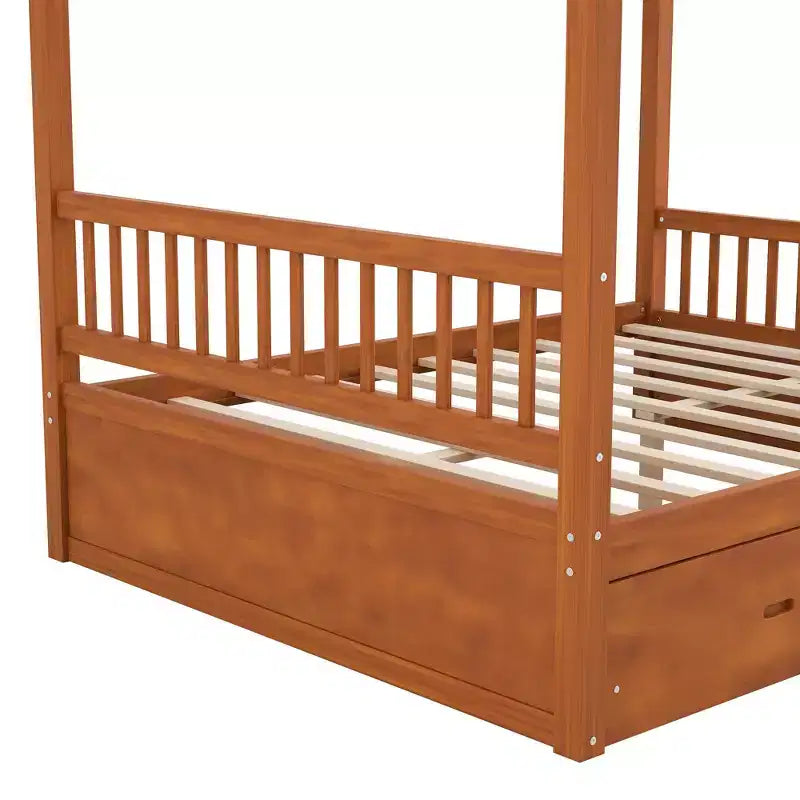 Letto a piattaforma moderno con struttura in legno e baldacchino, con 2 cassetti portaoggetti
