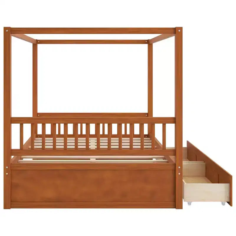 Letto a piattaforma moderno con struttura in legno e baldacchino, con 2 cassetti portaoggetti
