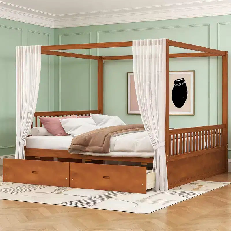 Letto a piattaforma moderno con struttura in legno e baldacchino, con 2 cassetti portaoggetti