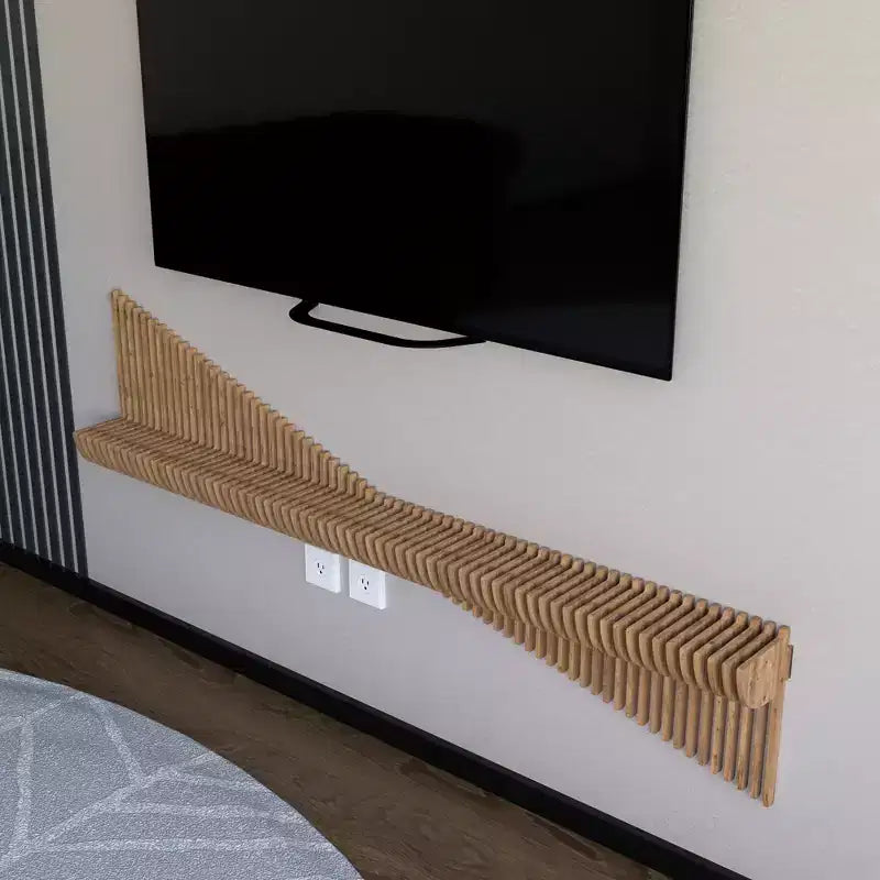 Mobile TV pensile parametrico da 60 pollici Mensola moderna geometrica in legno Decorazione a parete Colore rovere naturale Mensola ondulata 3D per soggiorno