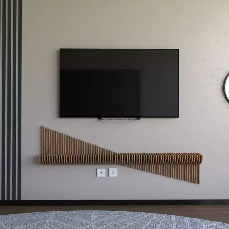 Mobile TV pensile parametrico da 60 pollici Mensola moderna geometrica in legno Decorazione a parete Colore rovere naturale Mensola ondulata 3D per soggiorno