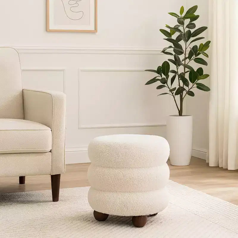 Decorative Ribbed Textured Ottoman with Ball Feet - Modern Home Decor Accent Vanity Chair, Bedroom, and Living Room Furniture - 18, Ivory
