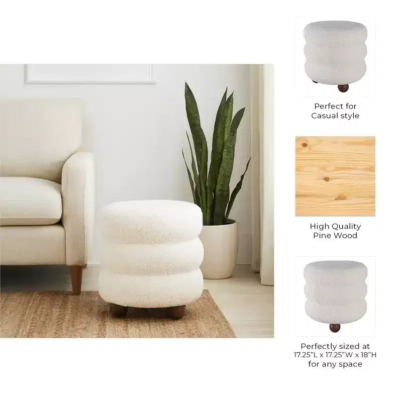 Pouf Decorativo a Costine con Piedini a Sfera - Sedia da Toeletta, Accento per la Casa Moderna, Arredamento per Camera da Letto e Salotto - 18, Avorio