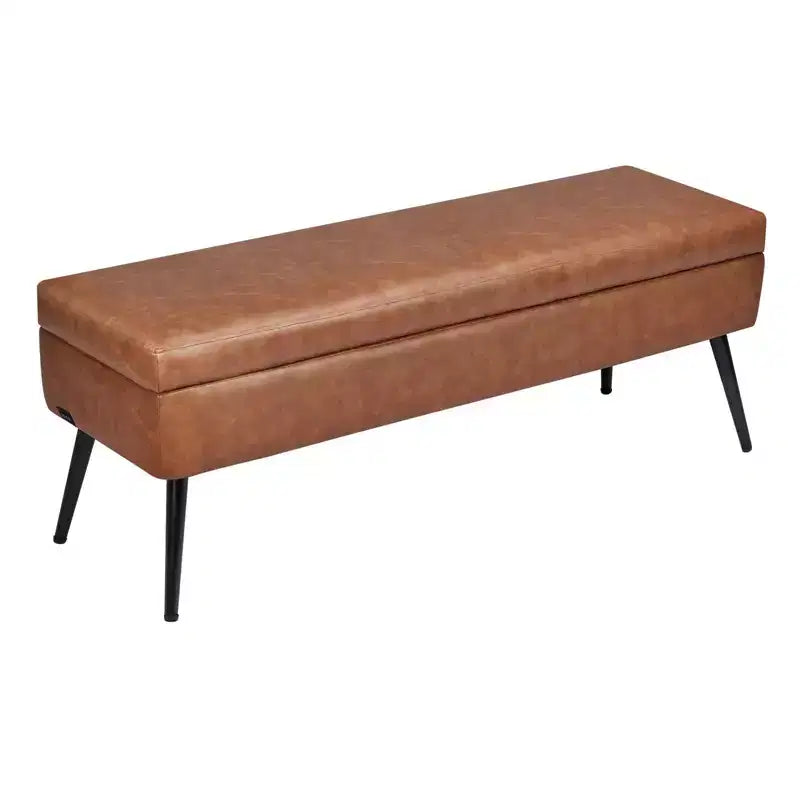 VIYET 47 Brown PU Leather Storage Ottoman Bench, 660LBS Metal Legs Soft-Close Bench for Entryway/Bedroom/Living Room