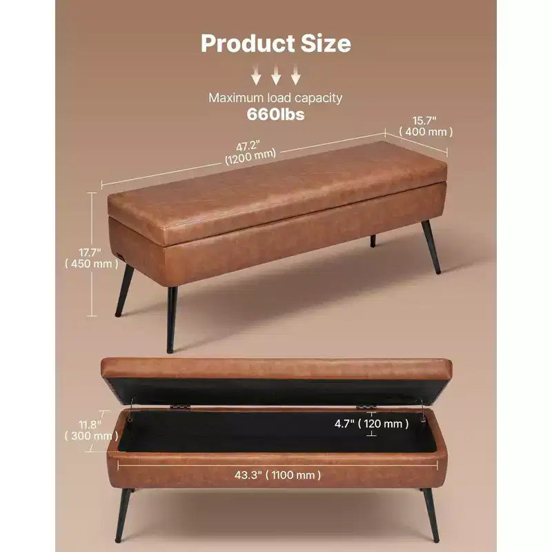 Panca Pouf Contenitore Marrone in Similpelle PU da 120 cm, Panca con Chiusura Ammortizzata e Gambe in Metallo da 300 kg per Ingresso/Camera da Letto/Soggiorno
