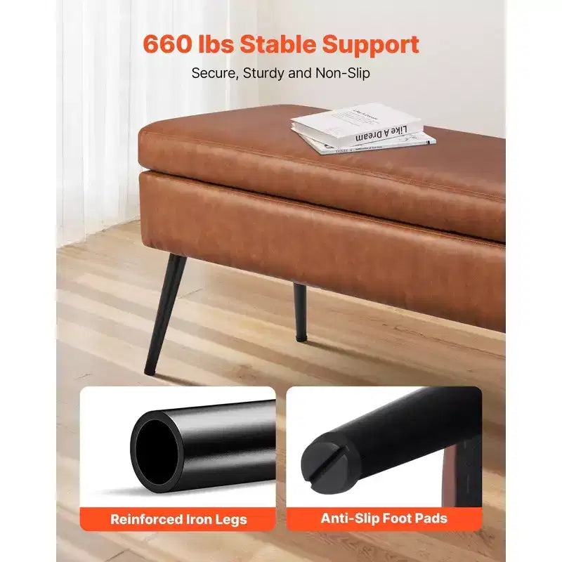 Panca Pouf Contenitore Marrone in Similpelle PU da 120 cm, Panca con Chiusura Ammortizzata e Gambe in Metallo da 300 kg per Ingresso/Camera da Letto/Soggiorno