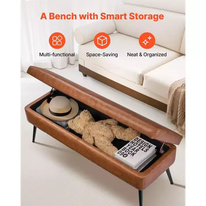 Panca Pouf Contenitore Marrone in Similpelle PU da 120 cm, Panca con Chiusura Ammortizzata e Gambe in Metallo da 300 kg per Ingresso/Camera da Letto/Soggiorno