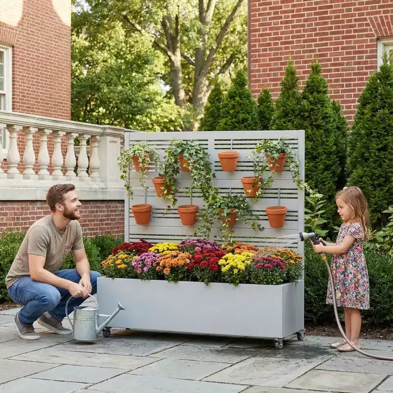 Fioriera in ferro battuto grigio con traliccio (Harold B Louvered), 47x47x16, 3 pezzi per decorazioni da giardino per esterni