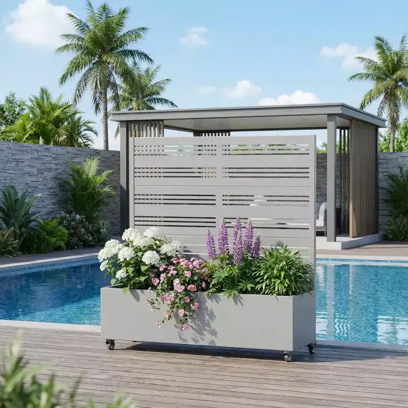 Fioriera in ferro battuto grigio con traliccio (Harold B Louvered), 47x47x16, 3 pezzi per decorazioni da giardino per esterni