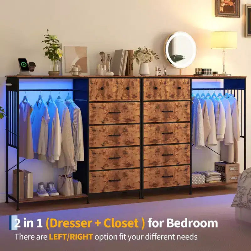 Comodino per camera da letto con appendiabiti, comò a 6 cassetti in tessuto con appendiabiti, cassettiera con piano in legno