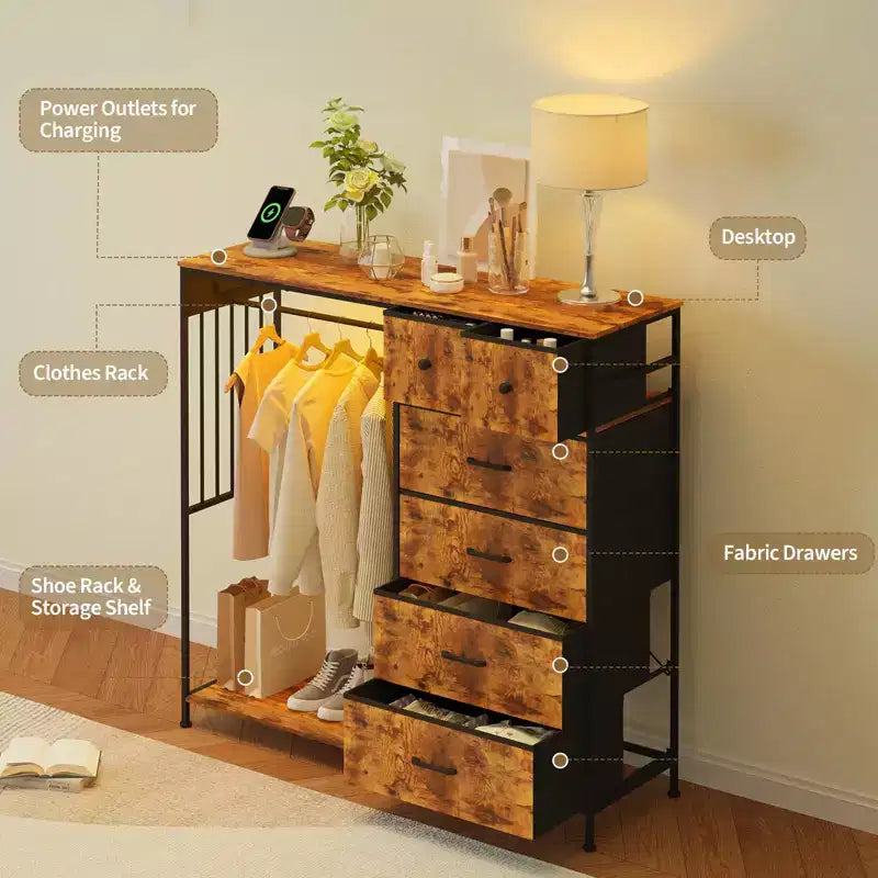 Comodino per camera da letto con appendiabiti, comò a 6 cassetti in tessuto con appendiabiti, cassettiera con piano in legno