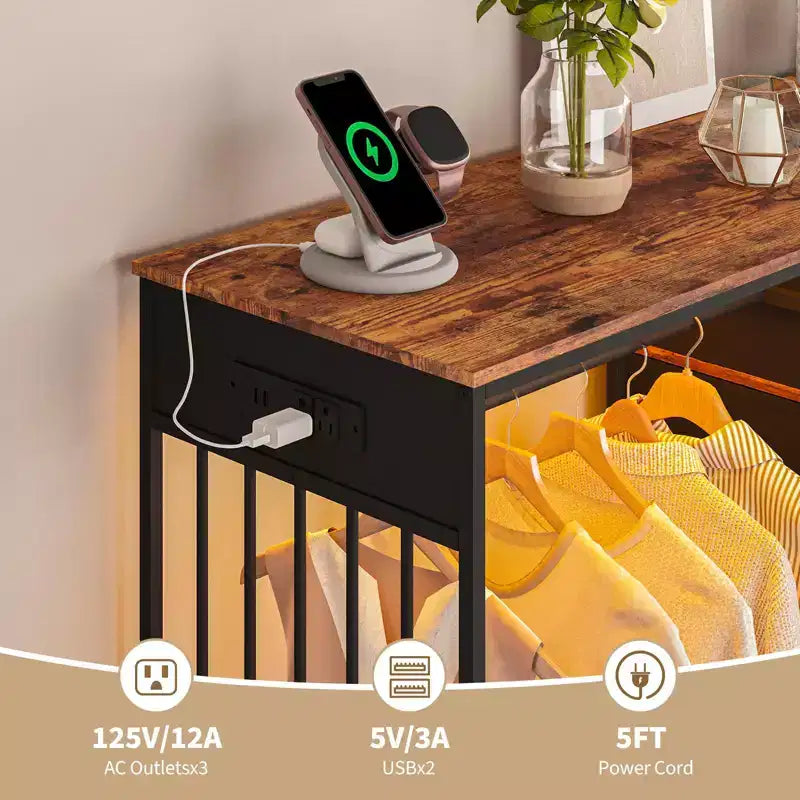 Comodino per camera da letto con appendiabiti, comò a 6 cassetti in tessuto con appendiabiti, cassettiera con piano in legno