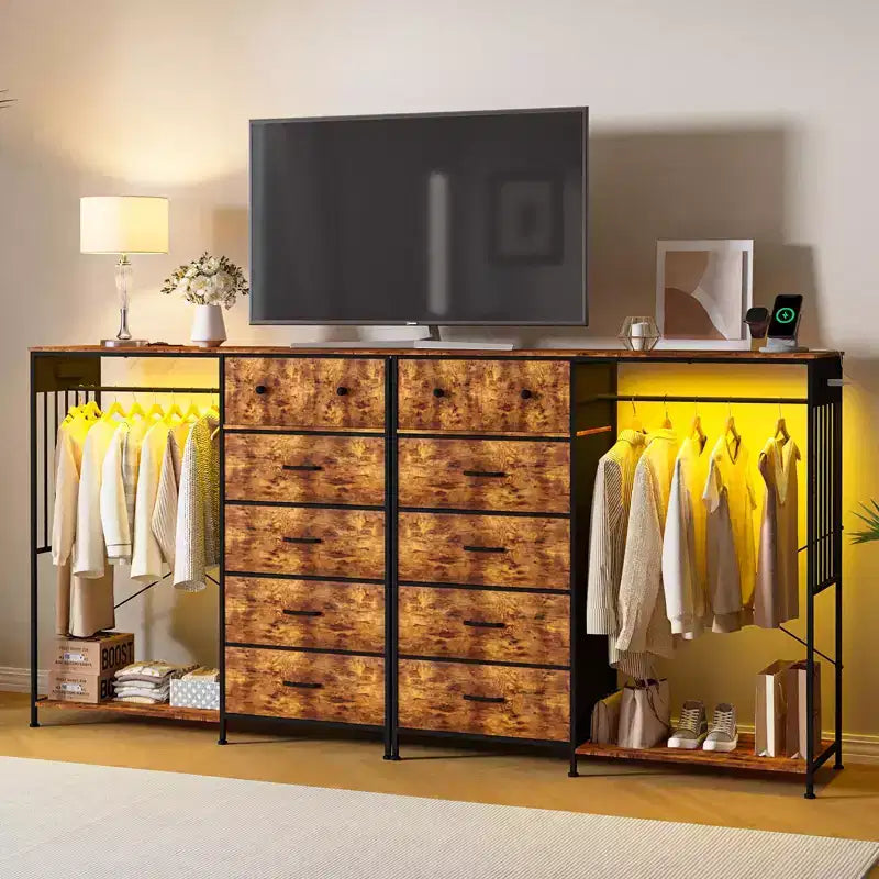 Comodino per camera da letto con appendiabiti, comò a 6 cassetti in tessuto con appendiabiti, cassettiera con piano in legno