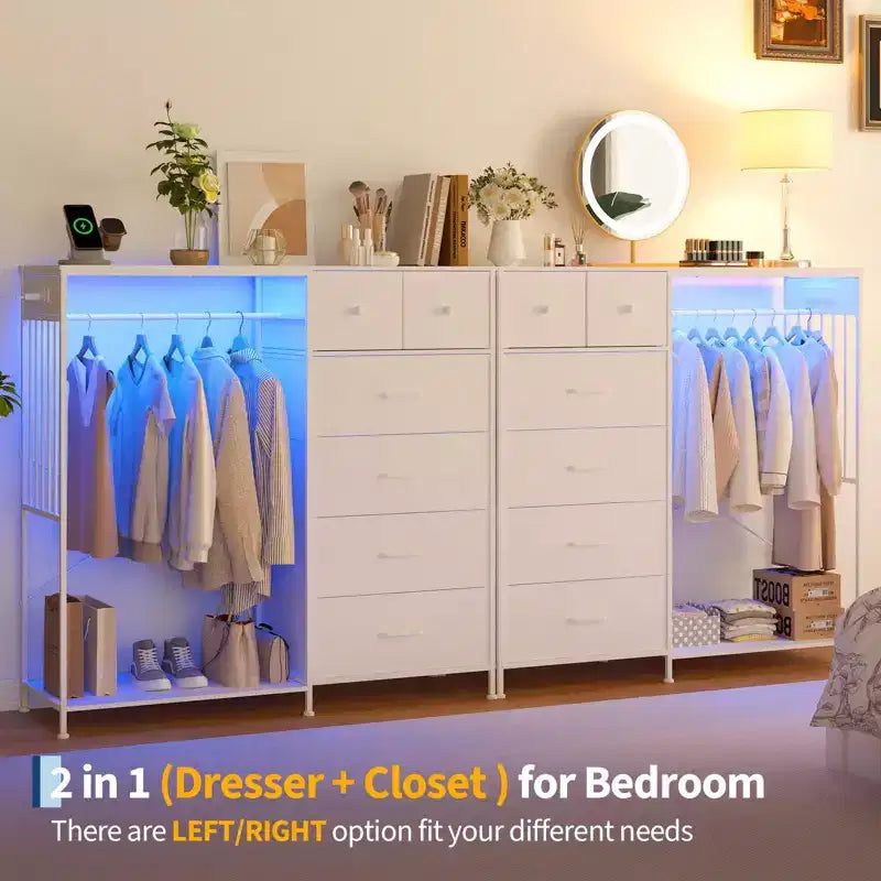 Comodino per camera da letto con appendiabiti, comò a 6 cassetti in tessuto con appendiabiti, cassettiera con piano in legno
