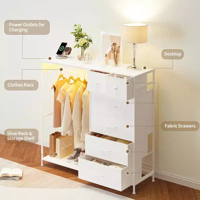 Comodino per camera da letto con appendiabiti, comò a 6 cassetti in tessuto con appendiabiti, cassettiera con piano in legno