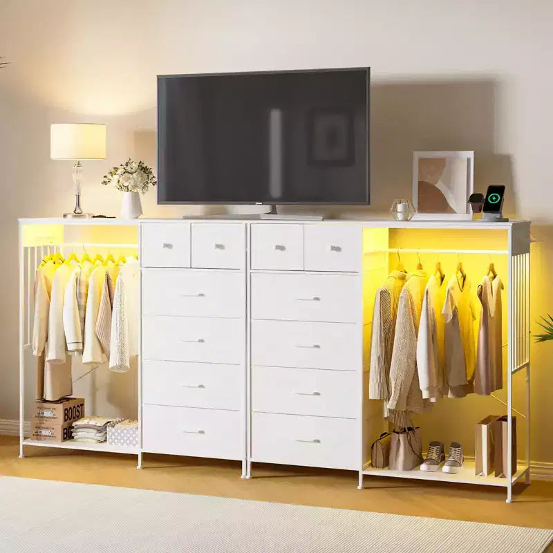 Comodino per camera da letto con appendiabiti, comò a 6 cassetti in tessuto con appendiabiti, cassettiera con piano in legno