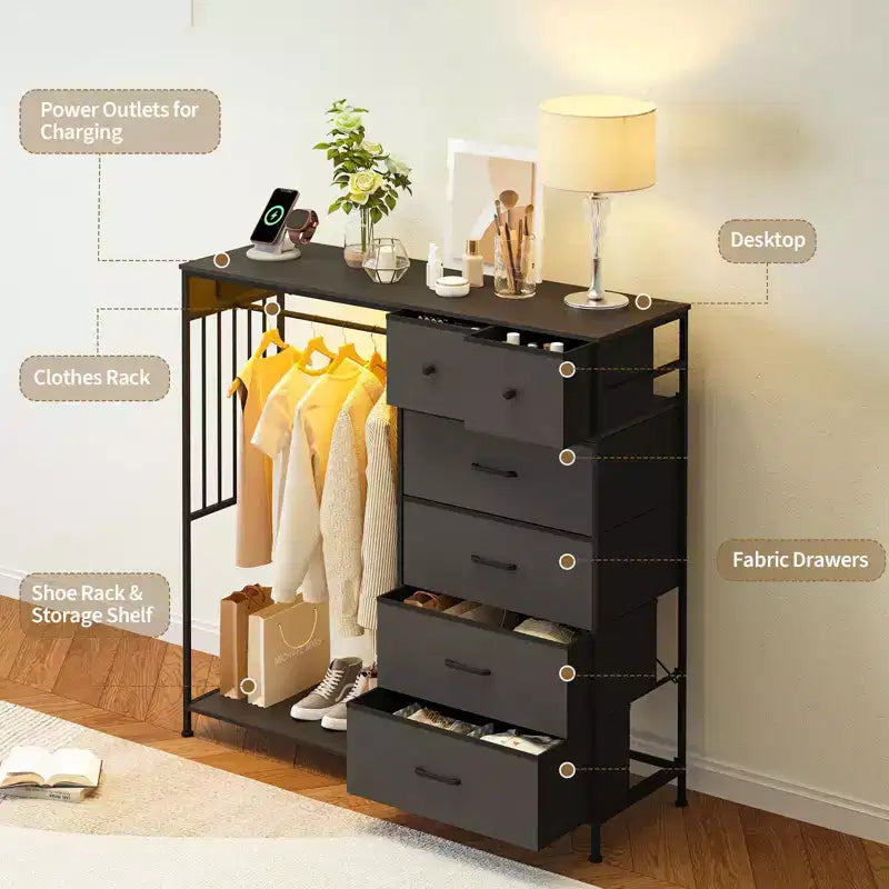 Comodino per camera da letto con appendiabiti, comò a 6 cassetti in tessuto con appendiabiti, cassettiera con piano in legno