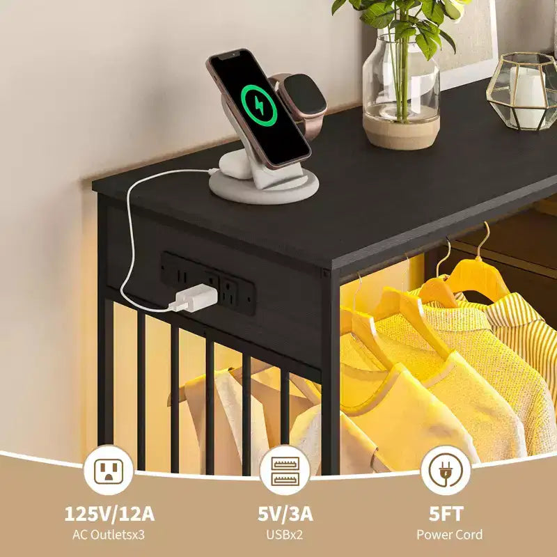 Comodino per camera da letto con appendiabiti, comò a 6 cassetti in tessuto con appendiabiti, cassettiera con piano in legno