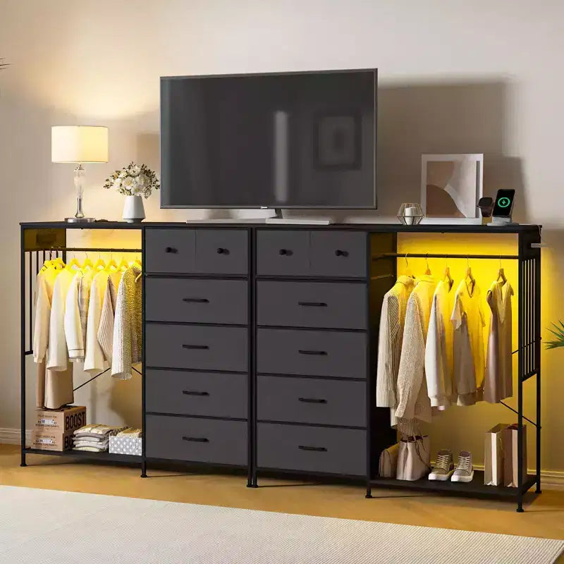 Comodino per camera da letto con appendiabiti, comò a 6 cassetti in tessuto con appendiabiti, cassettiera con piano in legno