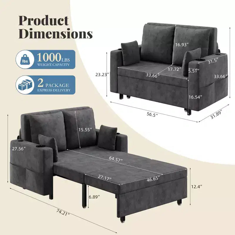 Divano letto convertibile 3-in-1, divano estraibile full size con porte USB, portabicchieri e tasche laterali, divanetto moderno per soggiorno