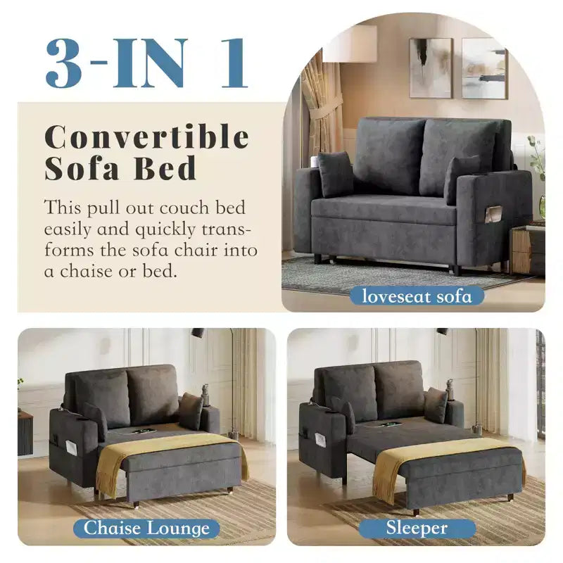 Divano letto convertibile 3-in-1, divano estraibile full size con porte USB, portabicchieri e tasche laterali, divanetto moderno per soggiorno
