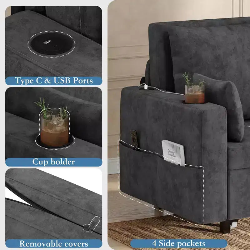 Divano letto convertibile 3-in-1, divano estraibile full size con porte USB, portabicchieri e tasche laterali, divanetto moderno per soggiorno