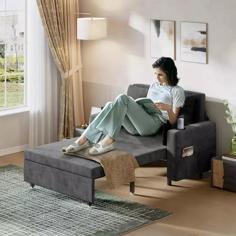 Divano letto convertibile 3-in-1, divano estraibile full size con porte USB, portabicchieri e tasche laterali, divanetto moderno per soggiorno