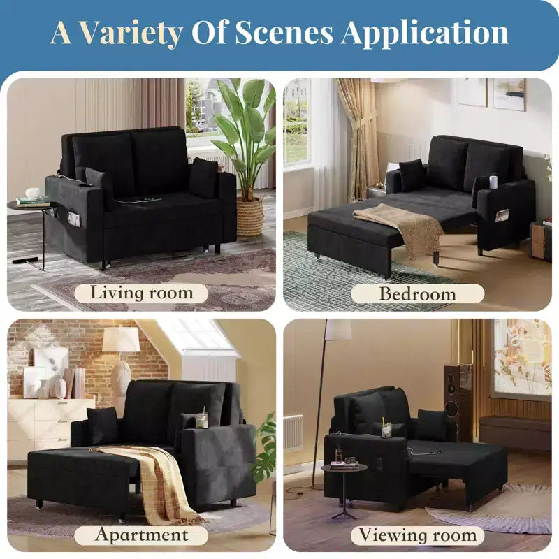Divano letto convertibile 3-in-1, divano estraibile full size con porte USB, portabicchieri e tasche laterali, divanetto moderno per soggiorno