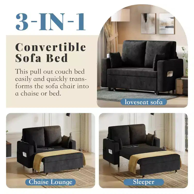 Divano letto convertibile 3-in-1, divano estraibile full size con porte USB, portabicchieri e tasche laterali, divanetto moderno per soggiorno